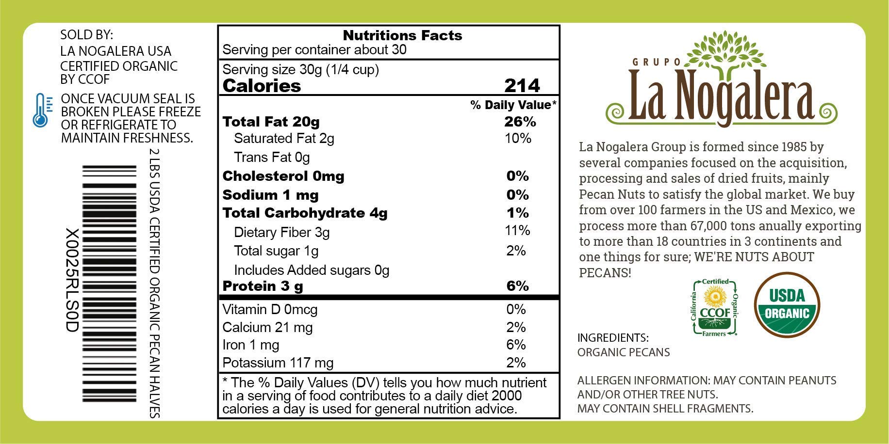 Grupo La Nogalera pecan halves closeup highlights smooth kernels and rich color.