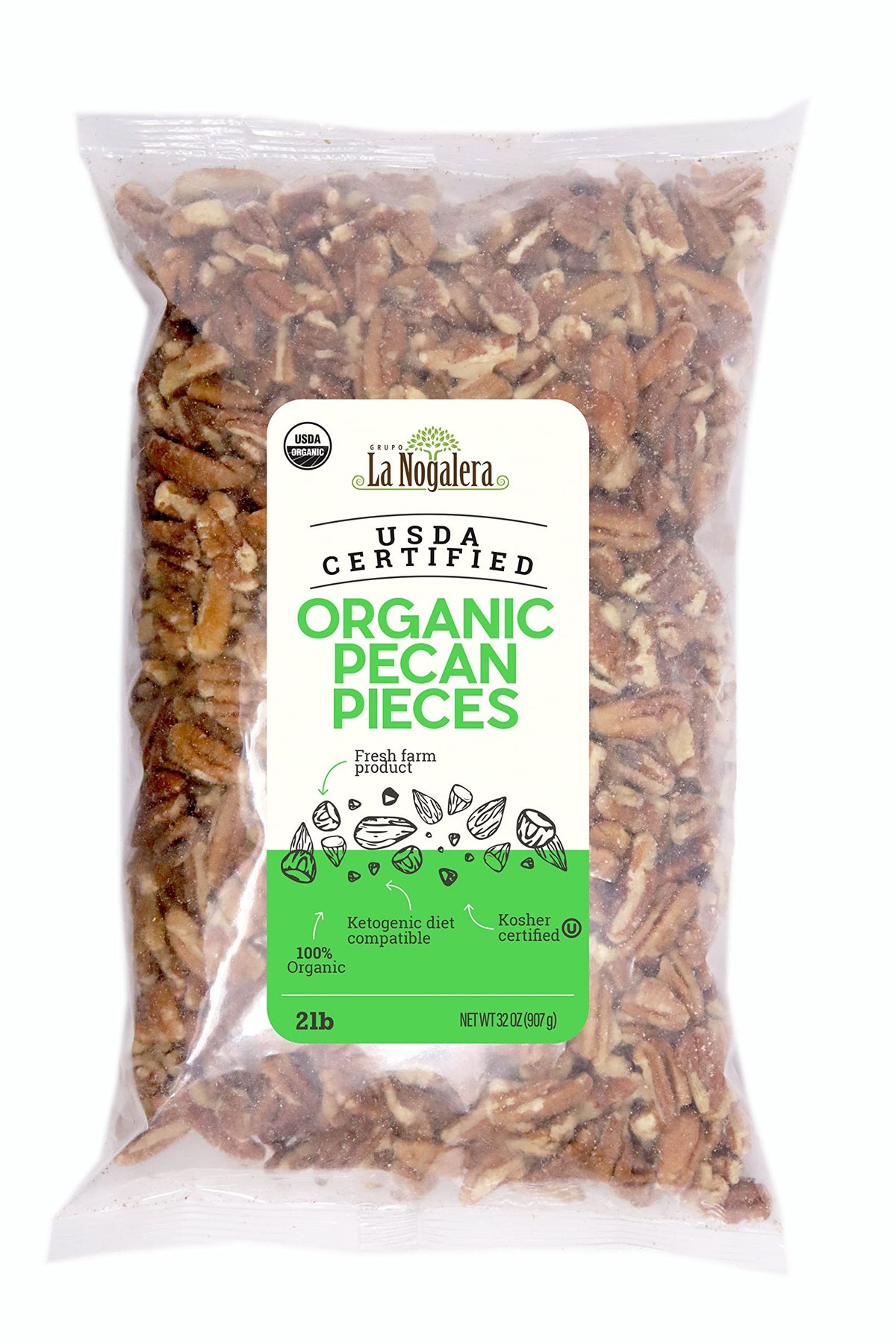 La Nogalera Organic pecan pieces in 2 lb bag ready for baking.