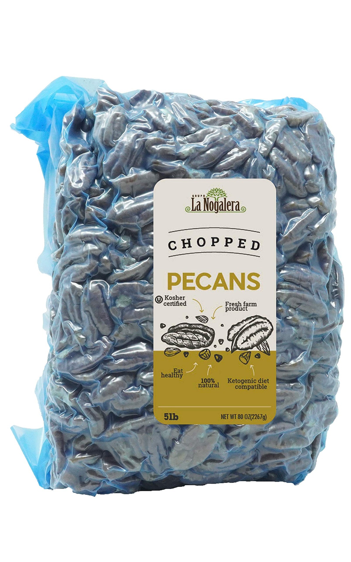 Grupo La Nogalera chopped pecans in a 5 lb bag ready for baking