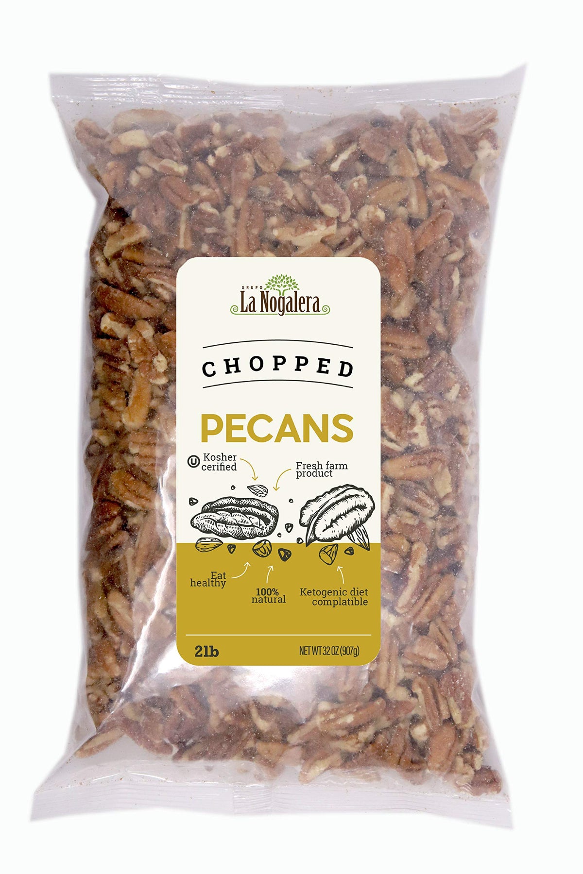 Grupo La Nogalera chopped shelled pecans bag for baking and snacking.