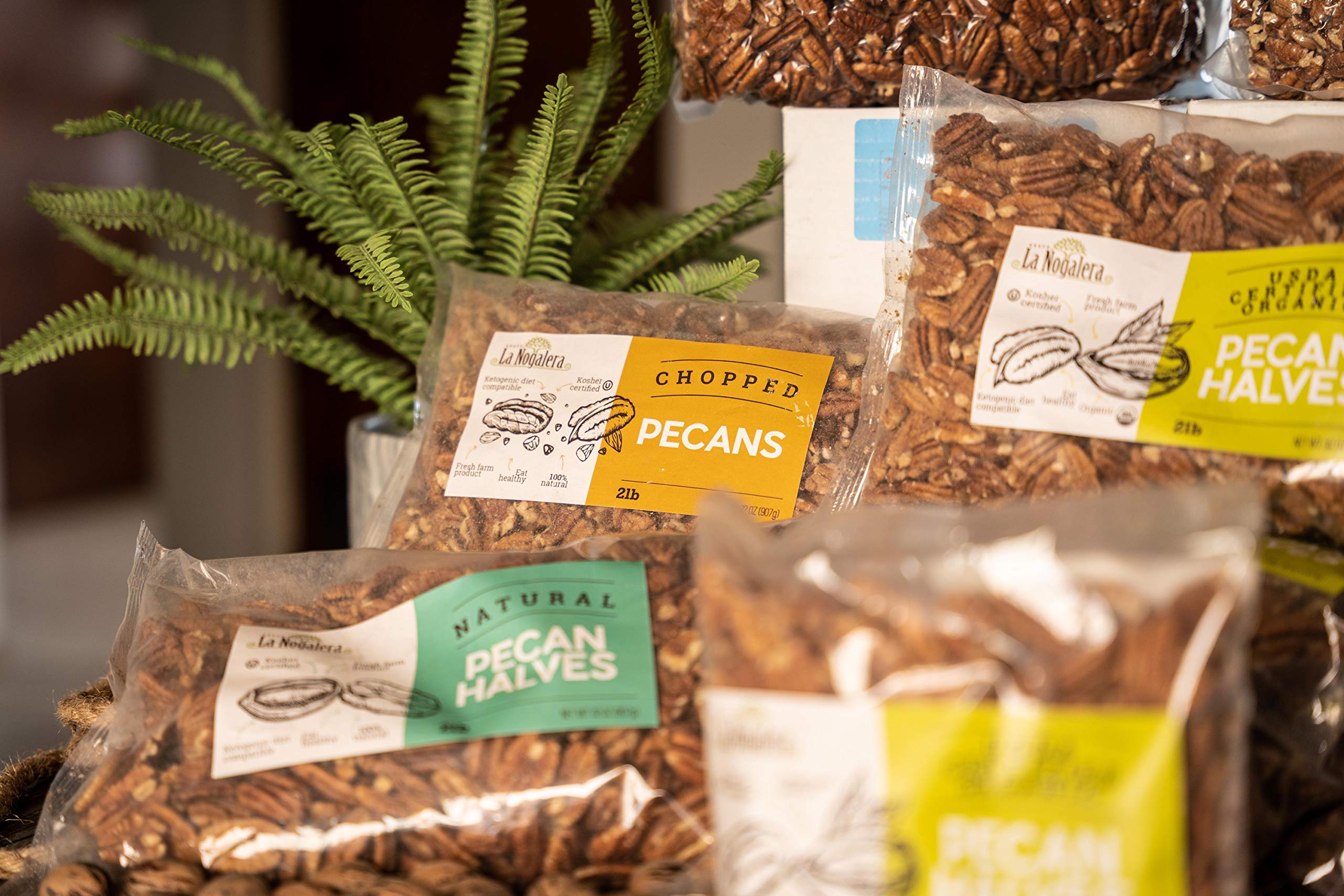 Grupo La Nogalera pecans in measuring cups for precise portions.