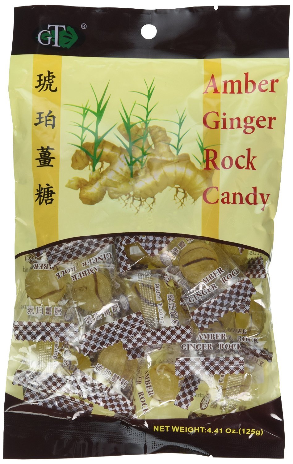 GT Amber Ginger Rock Candy 2-Pack front view, vibrant amber color and natural ginger flavor.