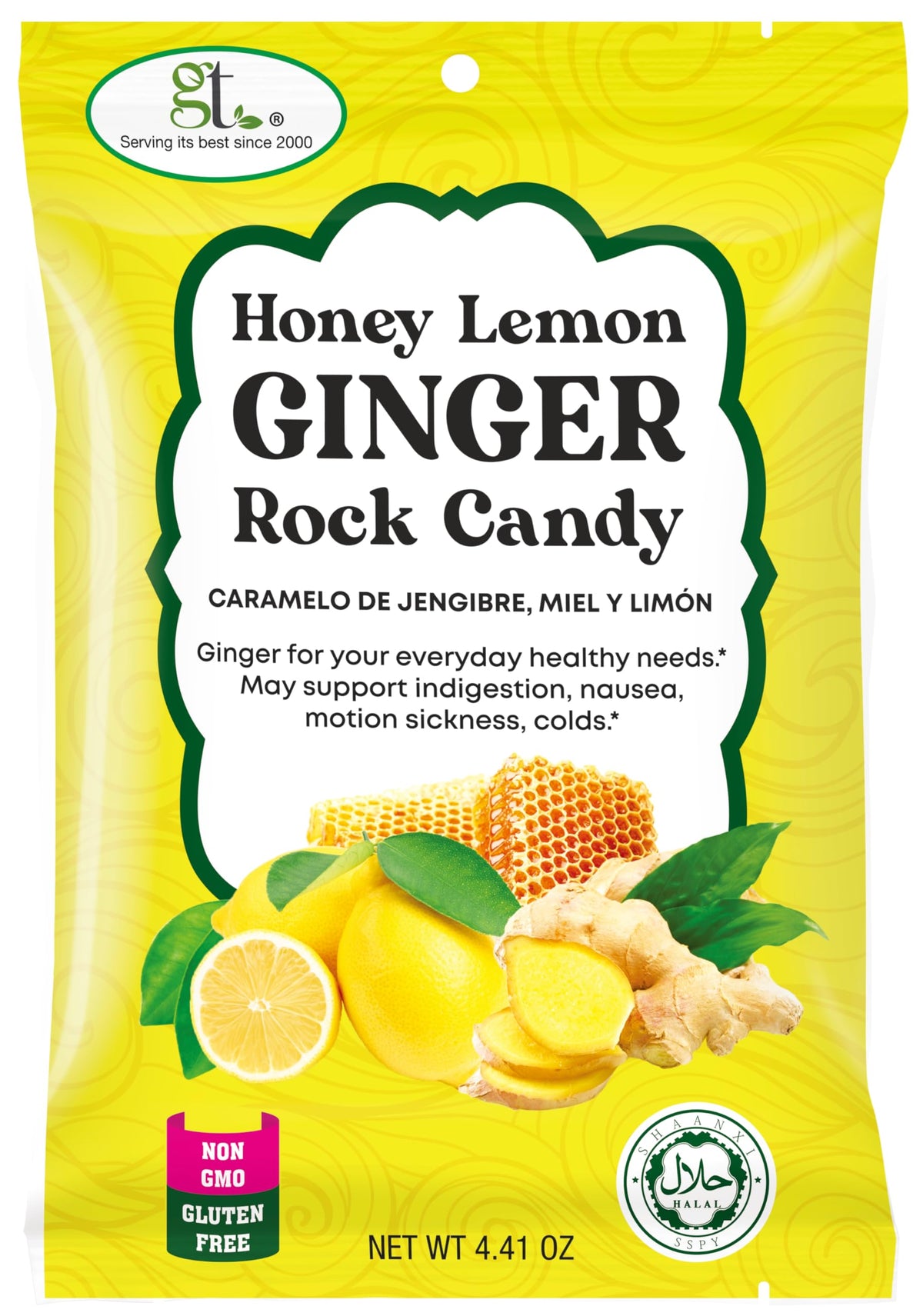 GT Honey Lemon Ginger rock candy bag with glossy pieces ready for on-the-go flavor