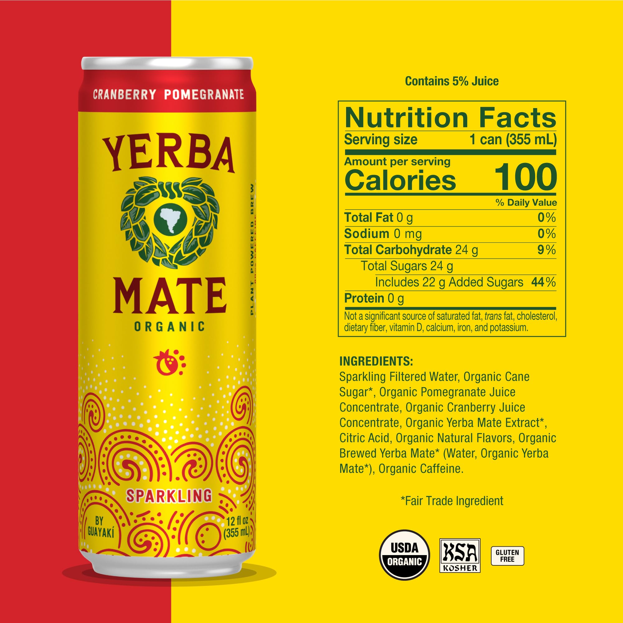 Guayaki cranberry-pomegranate sparkling yerba mate poured over ice for a refreshing boost.