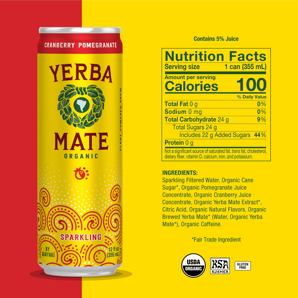 Guayaki cranberry-pomegranate sparkling yerba mate poured over ice for a refreshing boost.