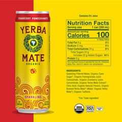 Guayaki cranberry-pomegranate sparkling yerba mate poured over ice for a refreshing boost.