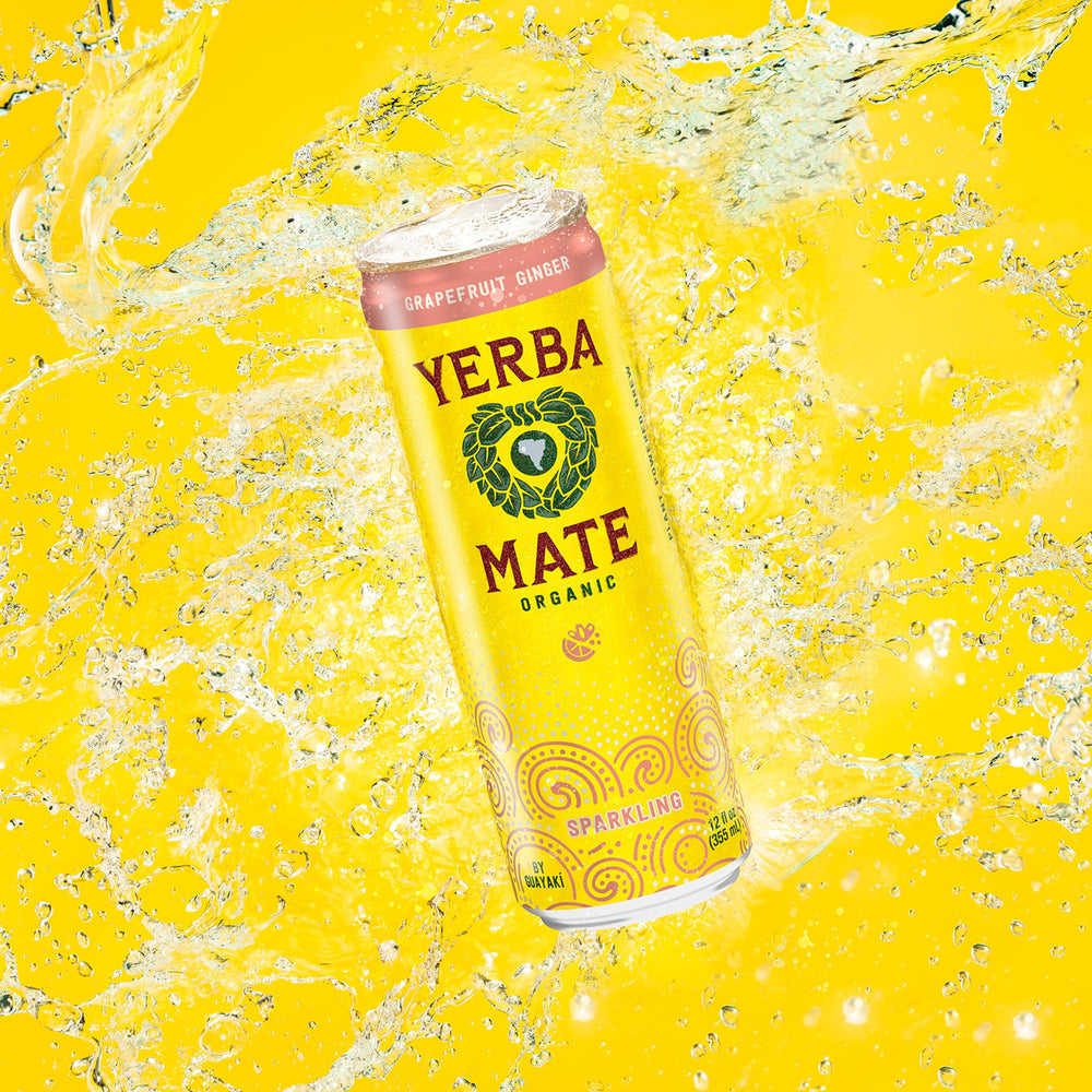 Pouring Guayaki Yerba Madre into a glass with bright bubbles