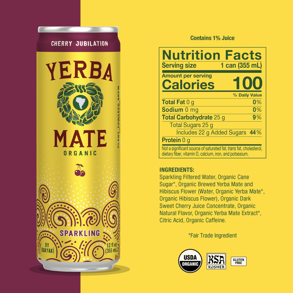Guayaki Yerba Madre Cherry Jubilation bubbles close-up for a vivid caffeine lift