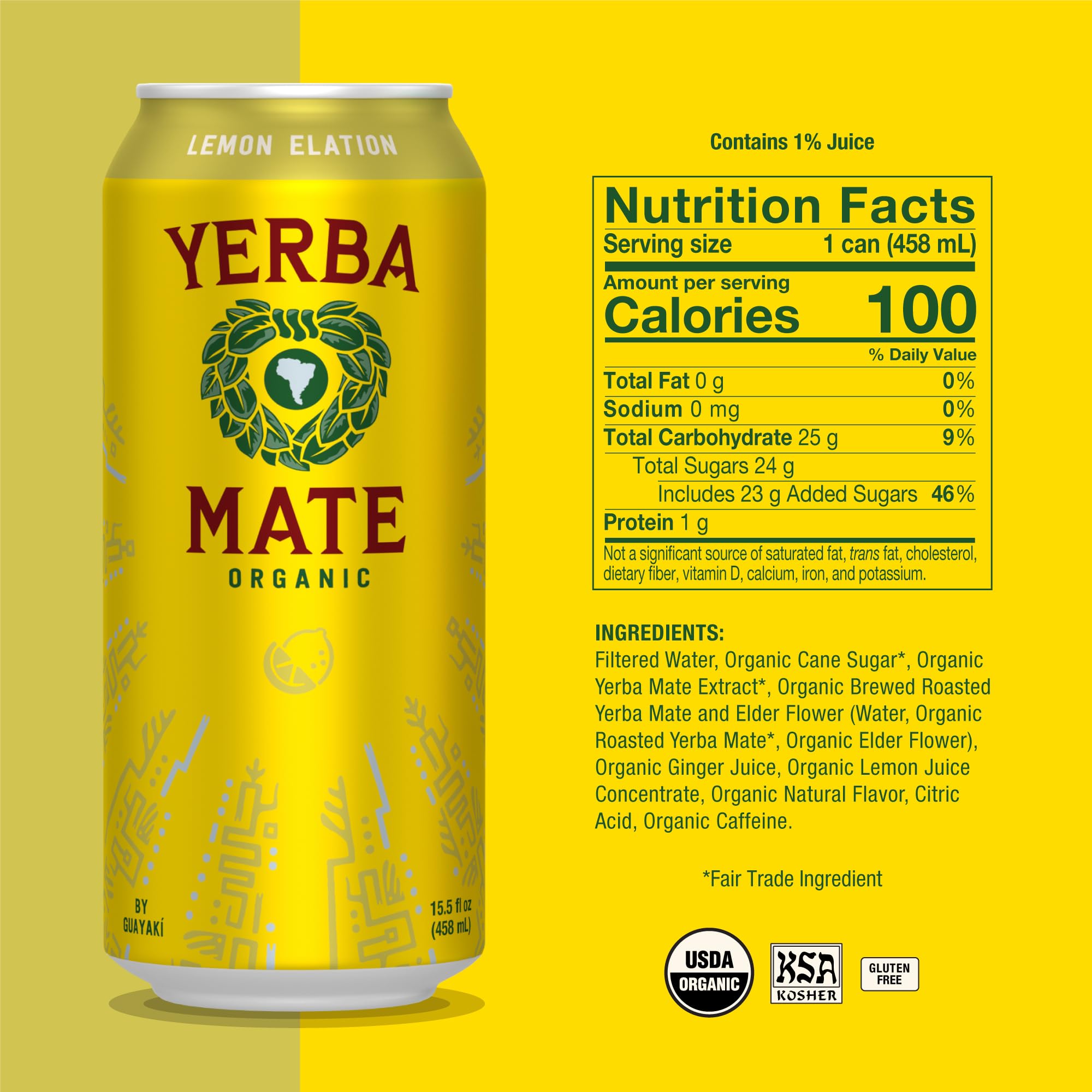 Guayaki Yerba Madre Lemon Elation can close-up highlighting natural caffeine content for a daytime lift