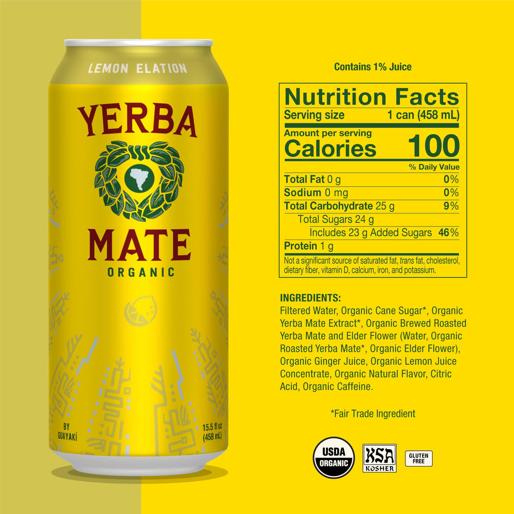 Guayaki Yerba Madre Lemon Elation can close-up highlighting natural caffeine content for a daytime lift