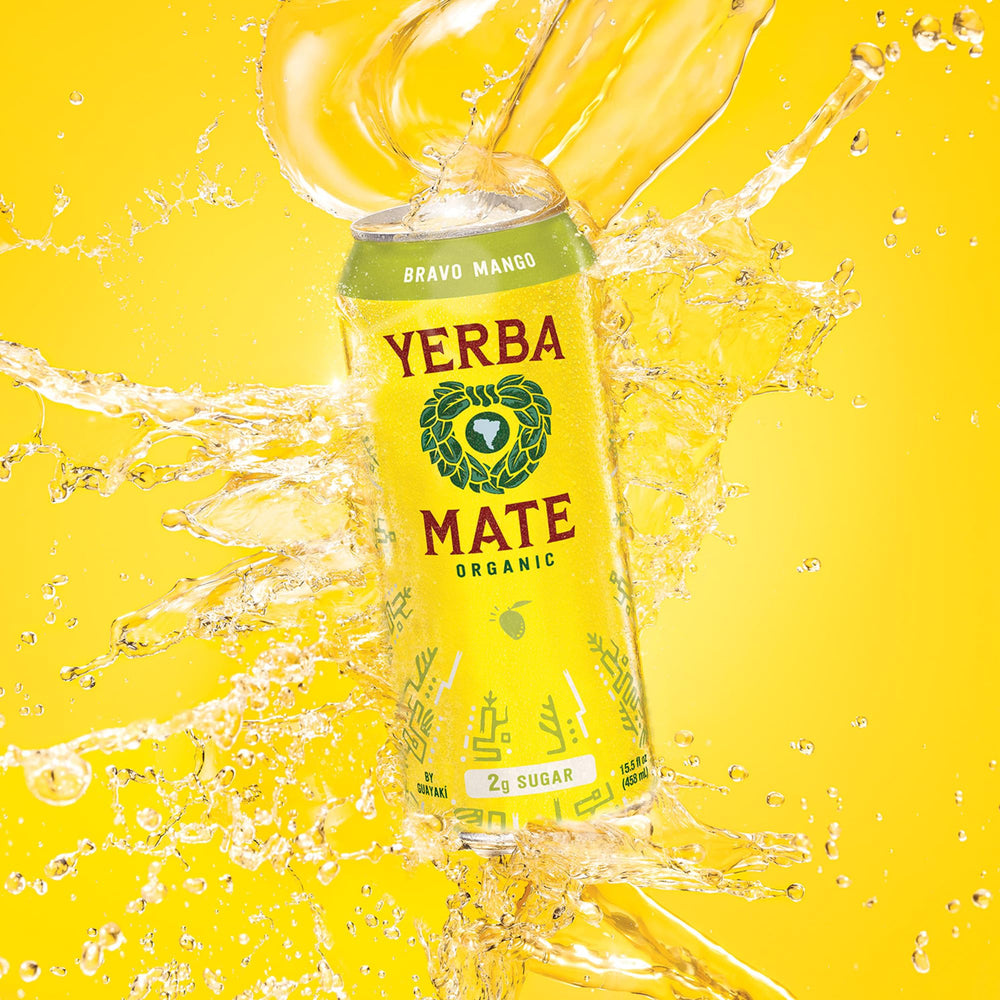 Guayaki Yerba Madre Mango glass sip conveys refreshing mango mate energy.