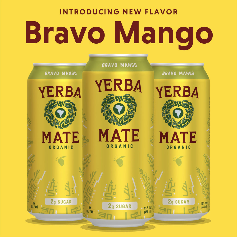 Guayaki Yerba Madre Mango label closeup notes natural caffeine benefits.
