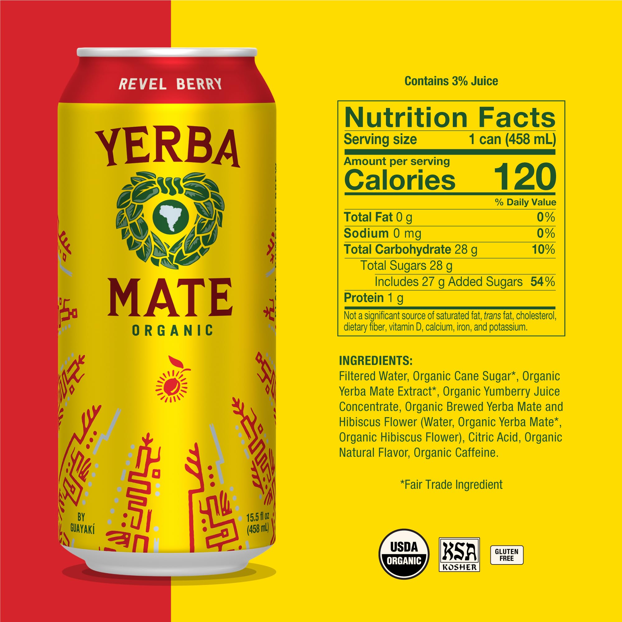 Guayaki Yerba Madre Revel Berry can close-up highlights 150 mg caffeine.