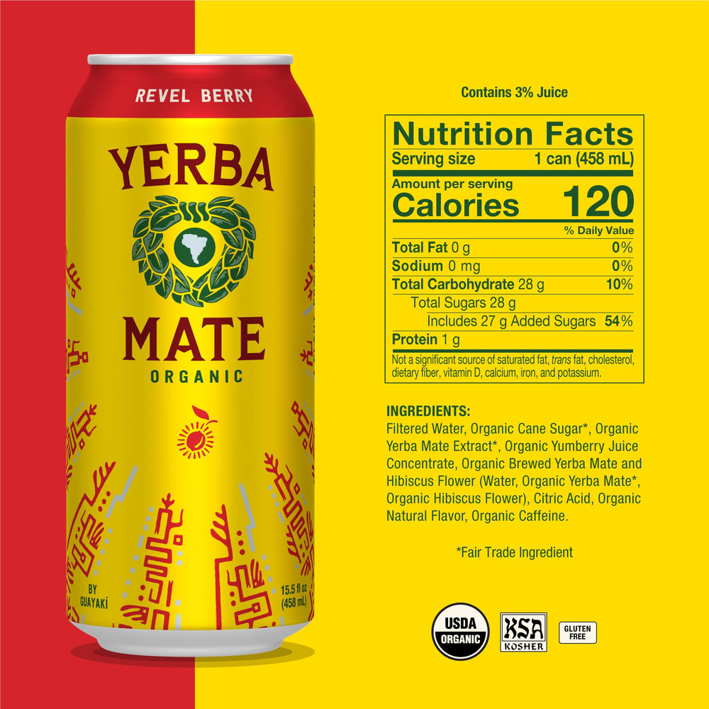 Guayaki Yerba Madre Revel Berry can close-up highlights 150 mg caffeine.