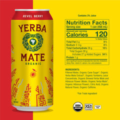 Guayaki Yerba Madre Revel Berry can close-up highlights 150 mg caffeine.
