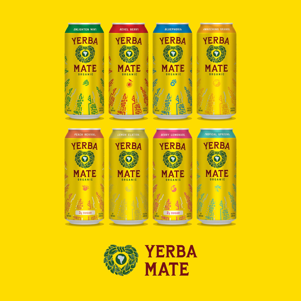 Guayaki Yerba Madre Revel Berry label close-up with organic ingredients.