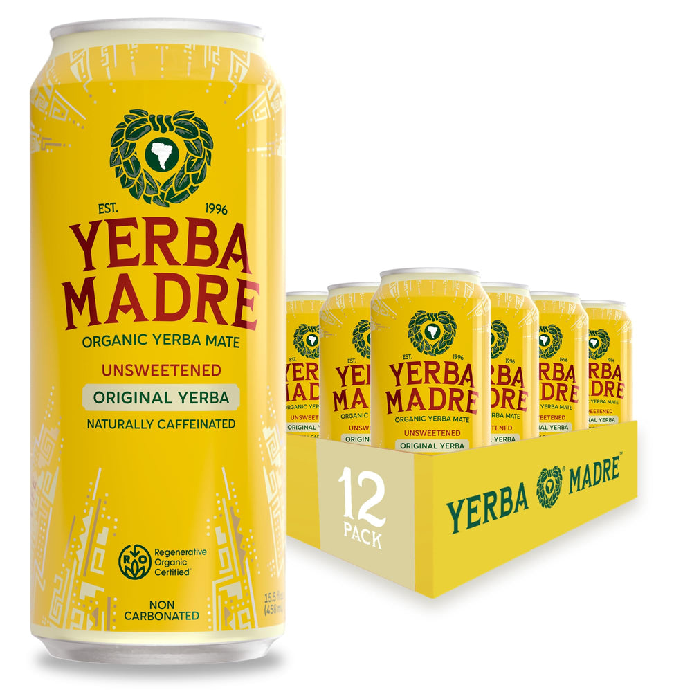 Guayaki Yerba Madre unsweetened yerba mate can shows clean, earthy refreshment.