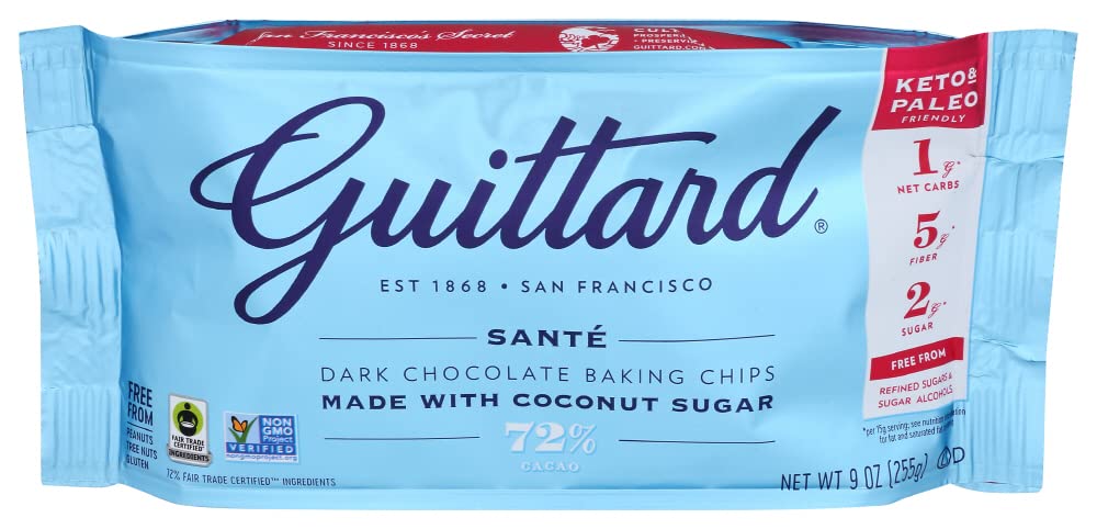 Guittard 72% Sante dark chocolate chips pack for rich baking.