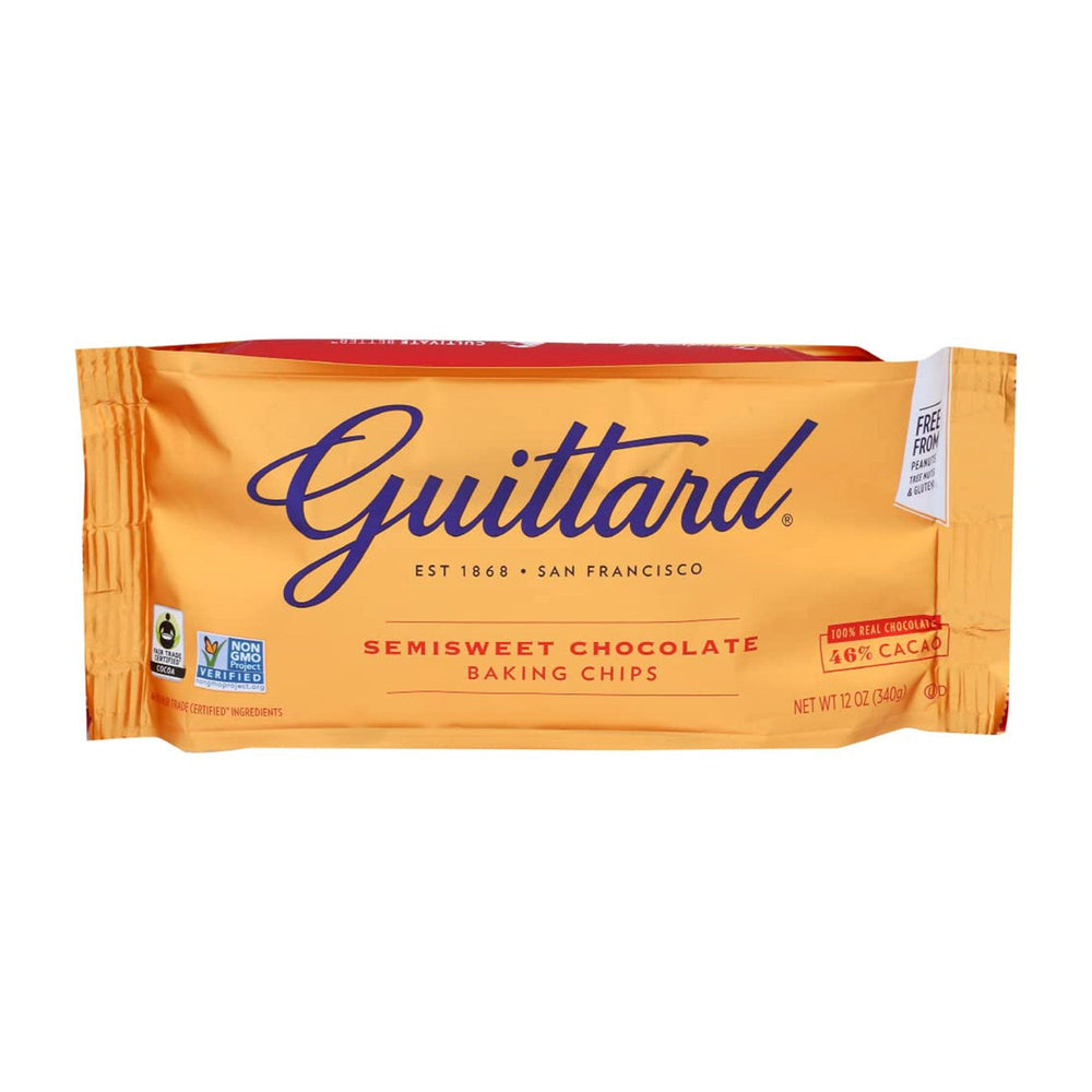 Guittard baking chips front label, natural ingredients and vanilla flavor.