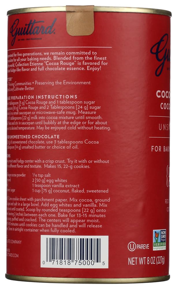 Guittard Rouge Red cocoa powder close-up; rich color and aroma for baking.