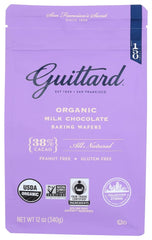 Guittard Organic 38% milk chocolate wafers in a 12 oz bag for baking.