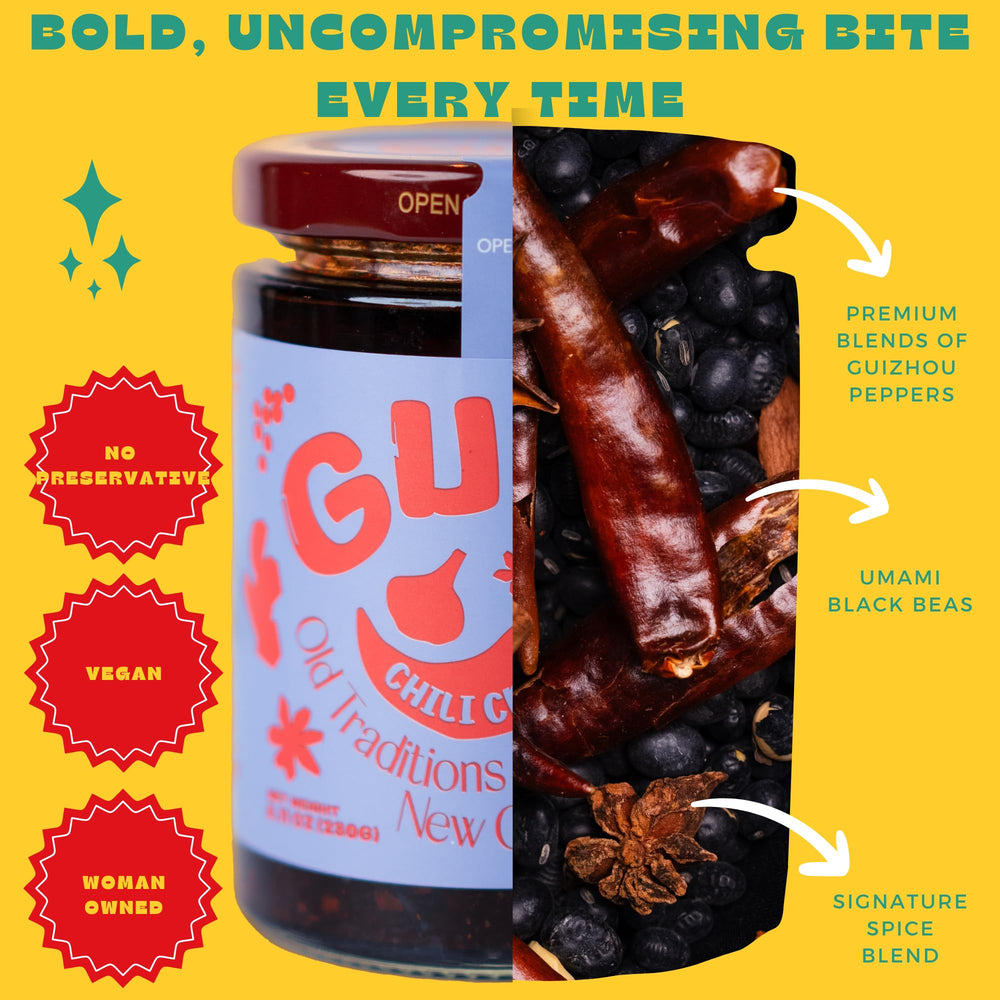 GUIZ chili crisp being poured over noodles for savory depth