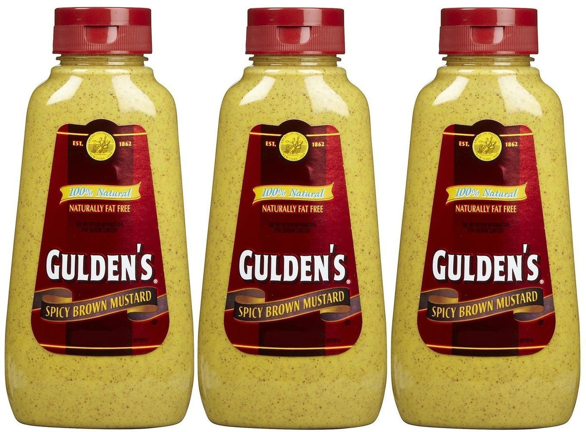 Gulden's Spicy Brown Mustard bottle showing bold flavor ideal for sandwiches and sauces