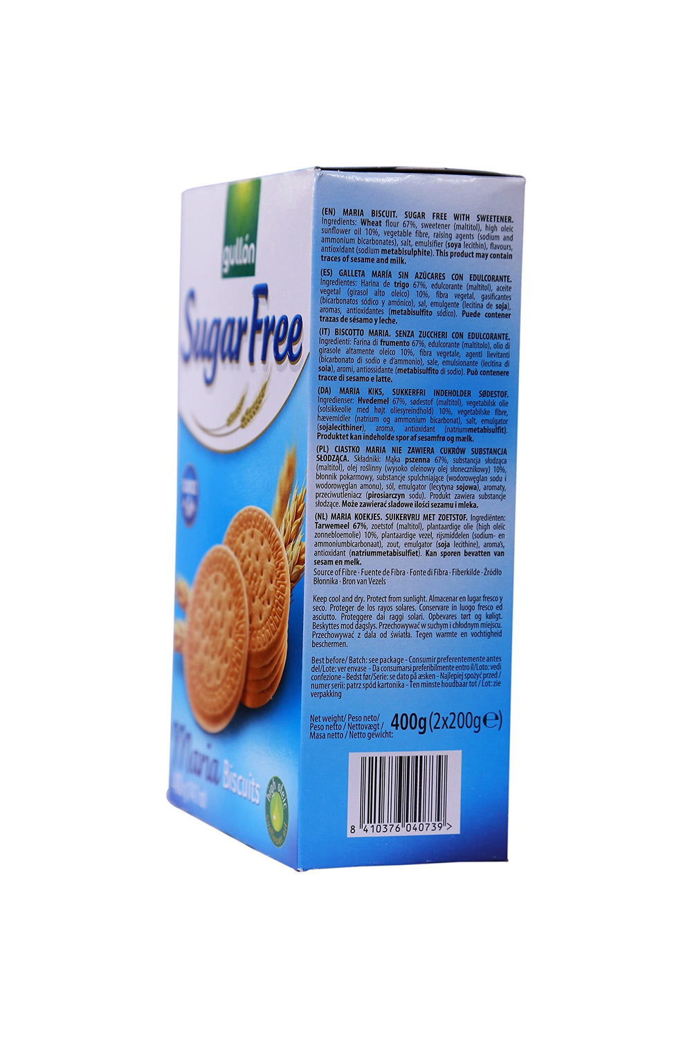 Gullon Sugar Free Maria Biscuits ingredients panel, soy-free recipe.