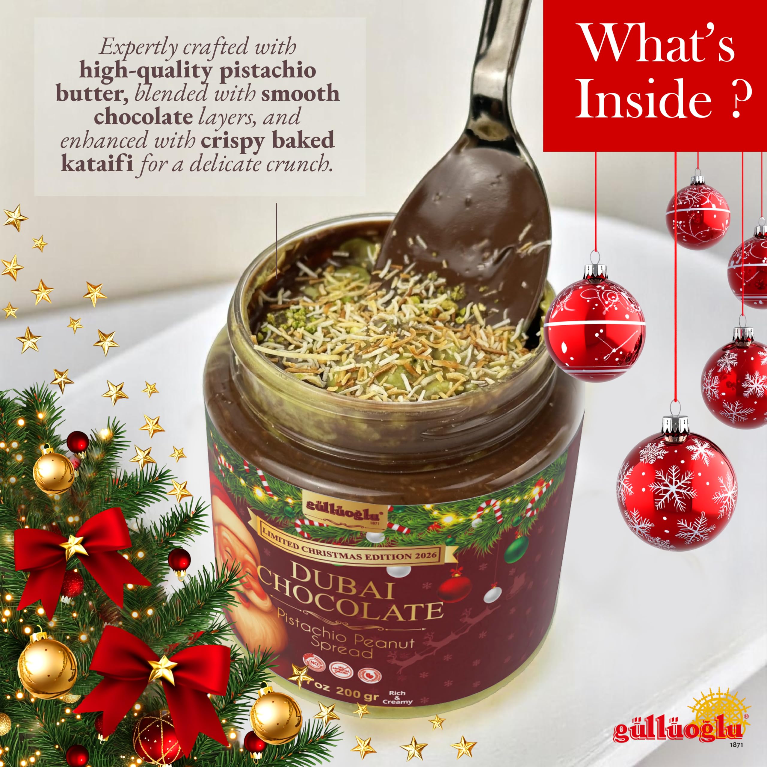 Gulluoglu Christmas Edition spread texture close-up, showcasing creamy chocolate with roasted nuts.