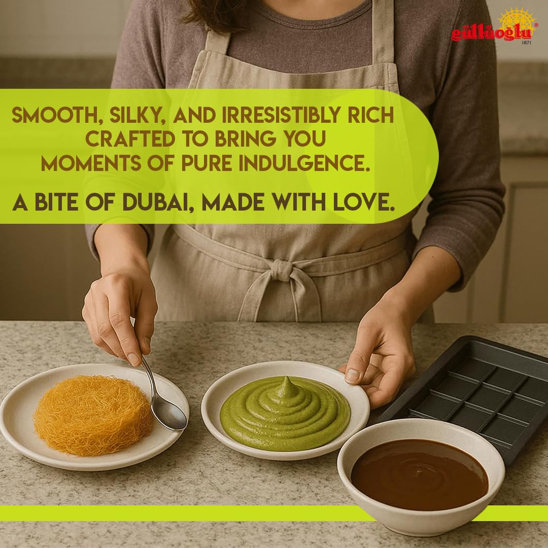 Gift-ready 7oz jar packaging for Gulluoglu Dubai chocolate filling.