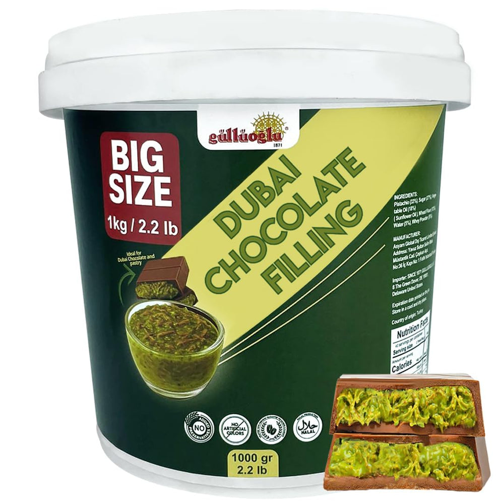 Gulluoglu Dubai Chocolate Filling with pistachio cream in a jar for desserts
