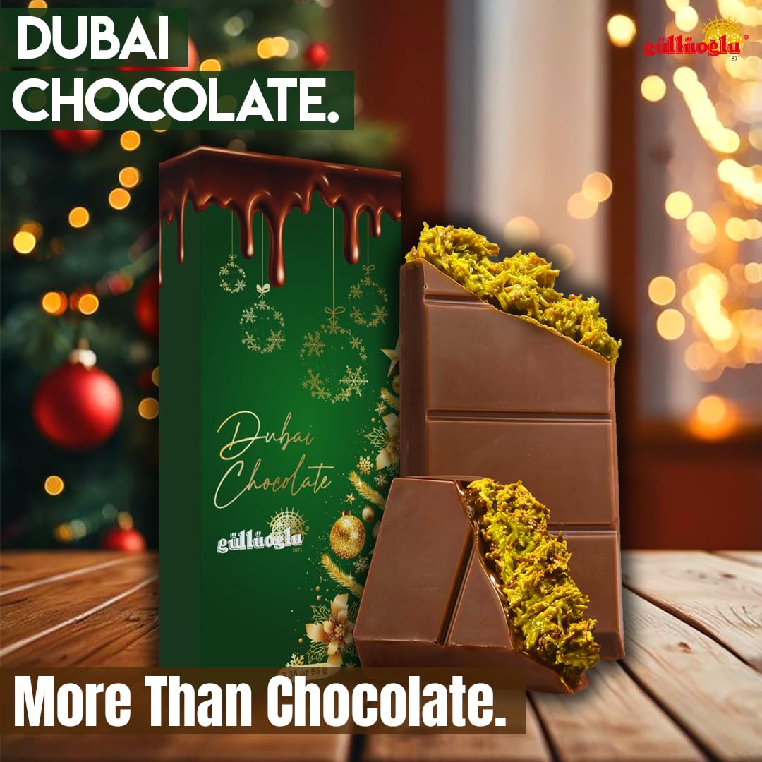 Gulluoglu gift-ready packaging showcases elegant Dubai chocolate kunafa for celebrations.