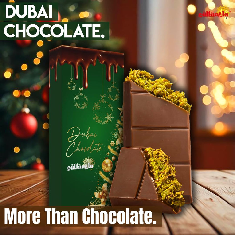 Gulluoglu gift-ready packaging showcases elegant Dubai chocolate kunafa for celebrations.