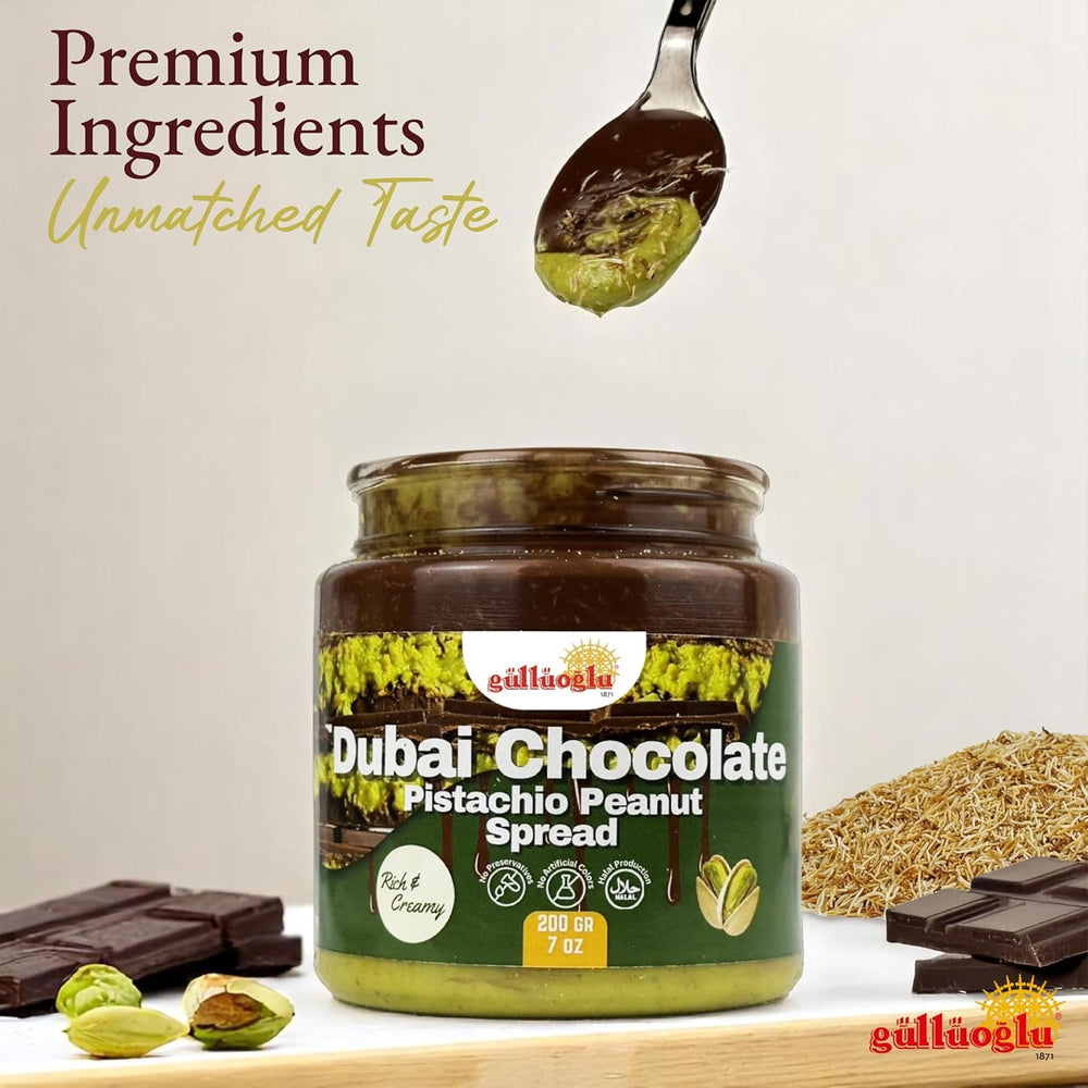 Gulluoglu Dubai spread texture closeup reveals silky chocolate and nut bits.