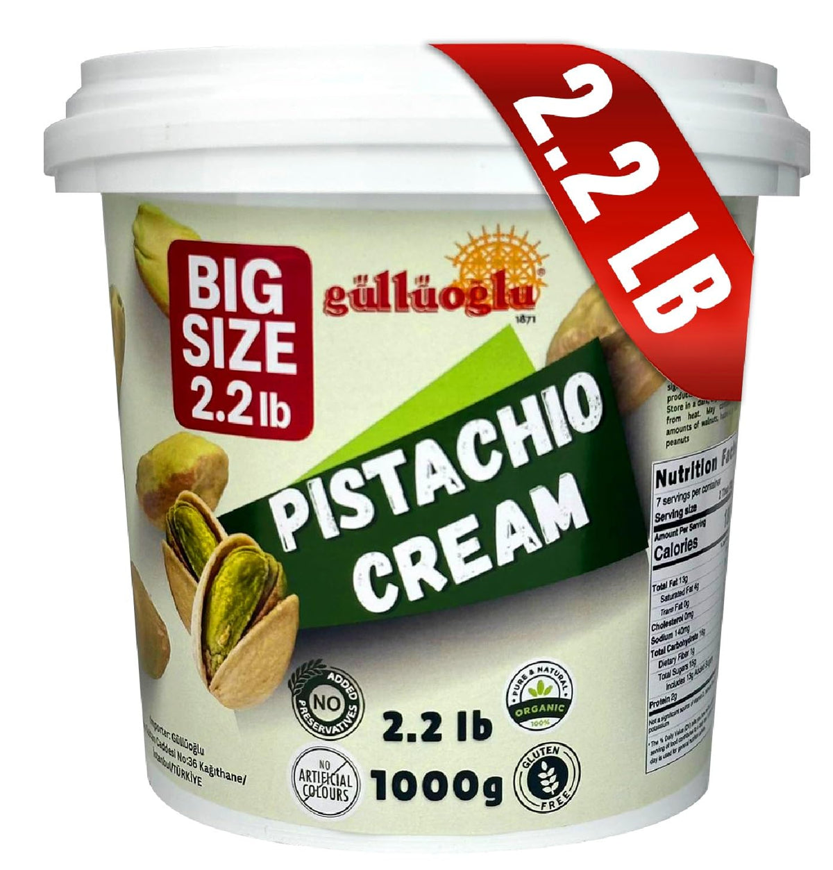 Gulluoglu Pistachio Cream 1kg jar, rich spread for desserts.