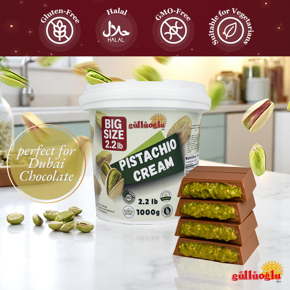 Gulluoglu Pistachio Cream closeup texture showing premium pistachios.