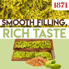 Close-up of rich chocolate and pistachio flavors in Gulluoglu filling
