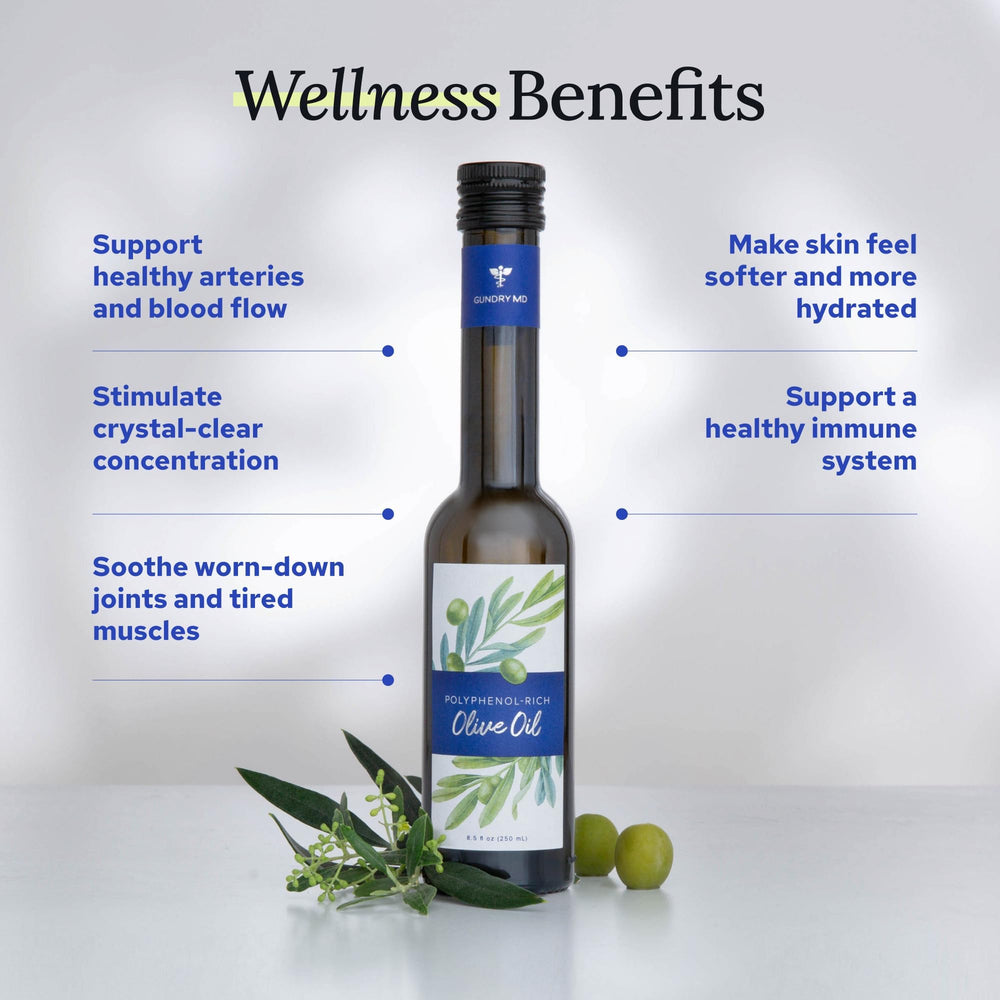 Gundry MD polyphenol olive oil dispensing cap enables easy daily drizzling.