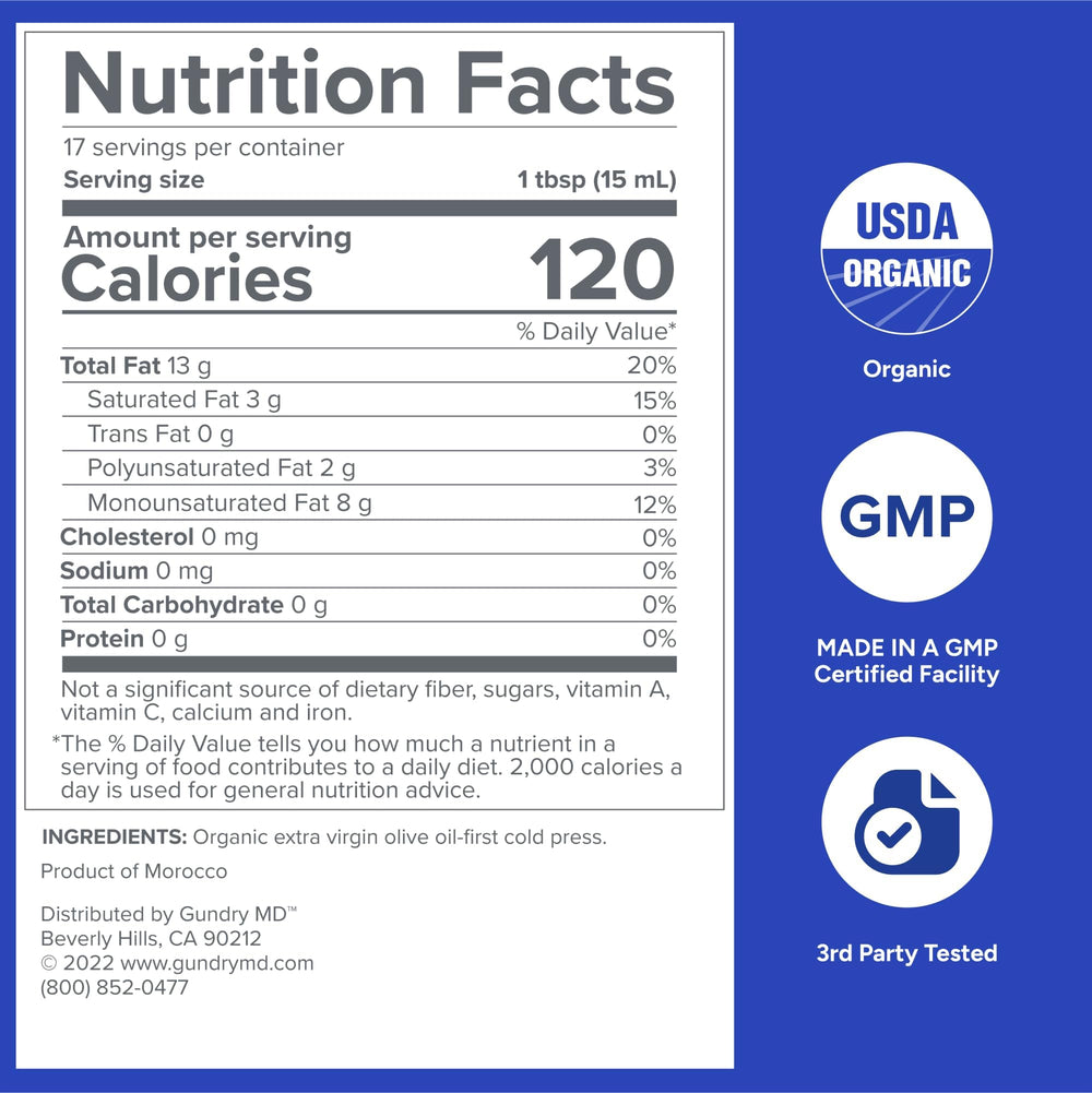 Gundry MD polyphenol olive oil label close-up shows premium Moroccan cold press quality.