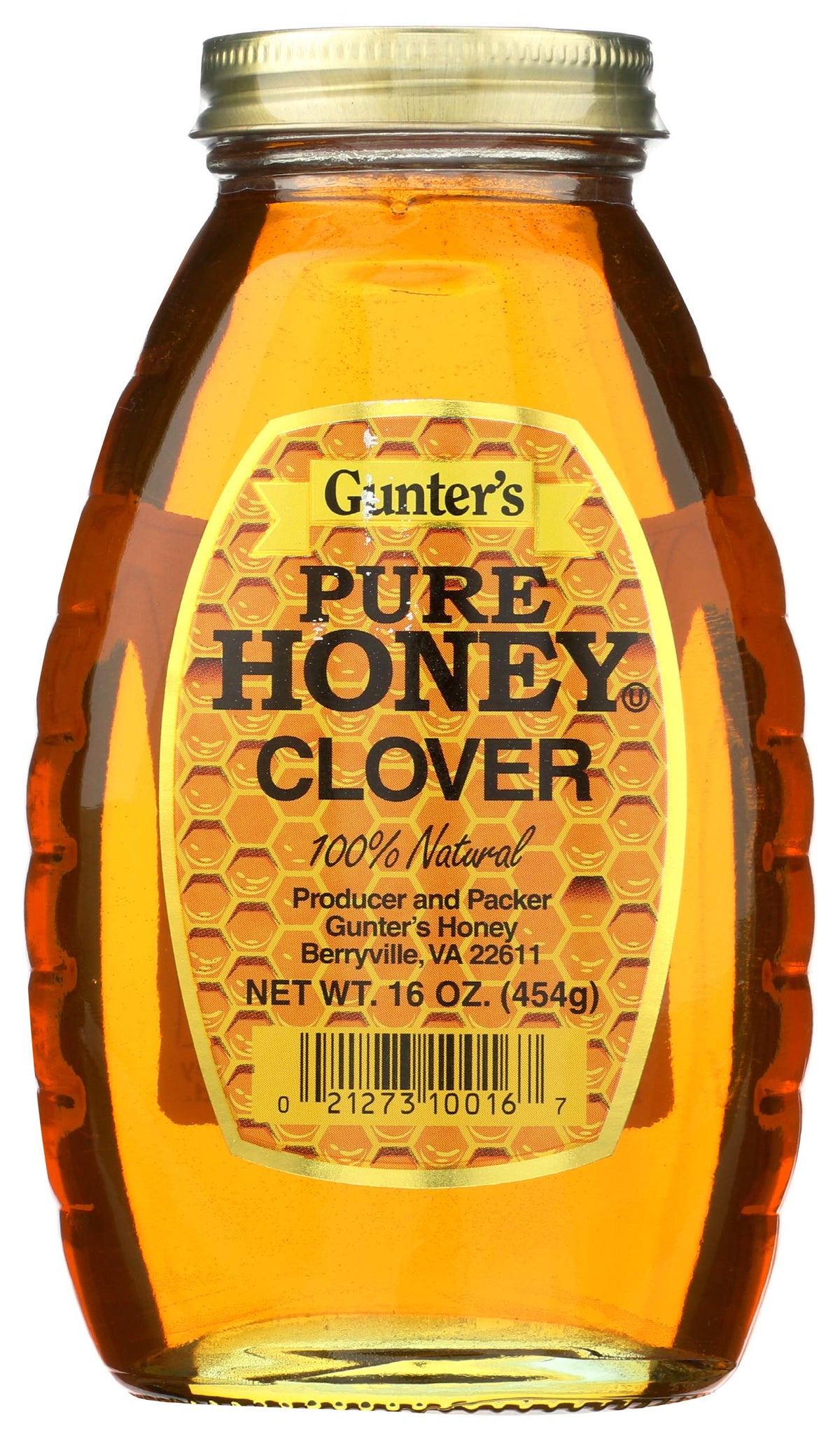 Gunter's Clover Honey 16oz bottle pouring into tea for natural sweetness