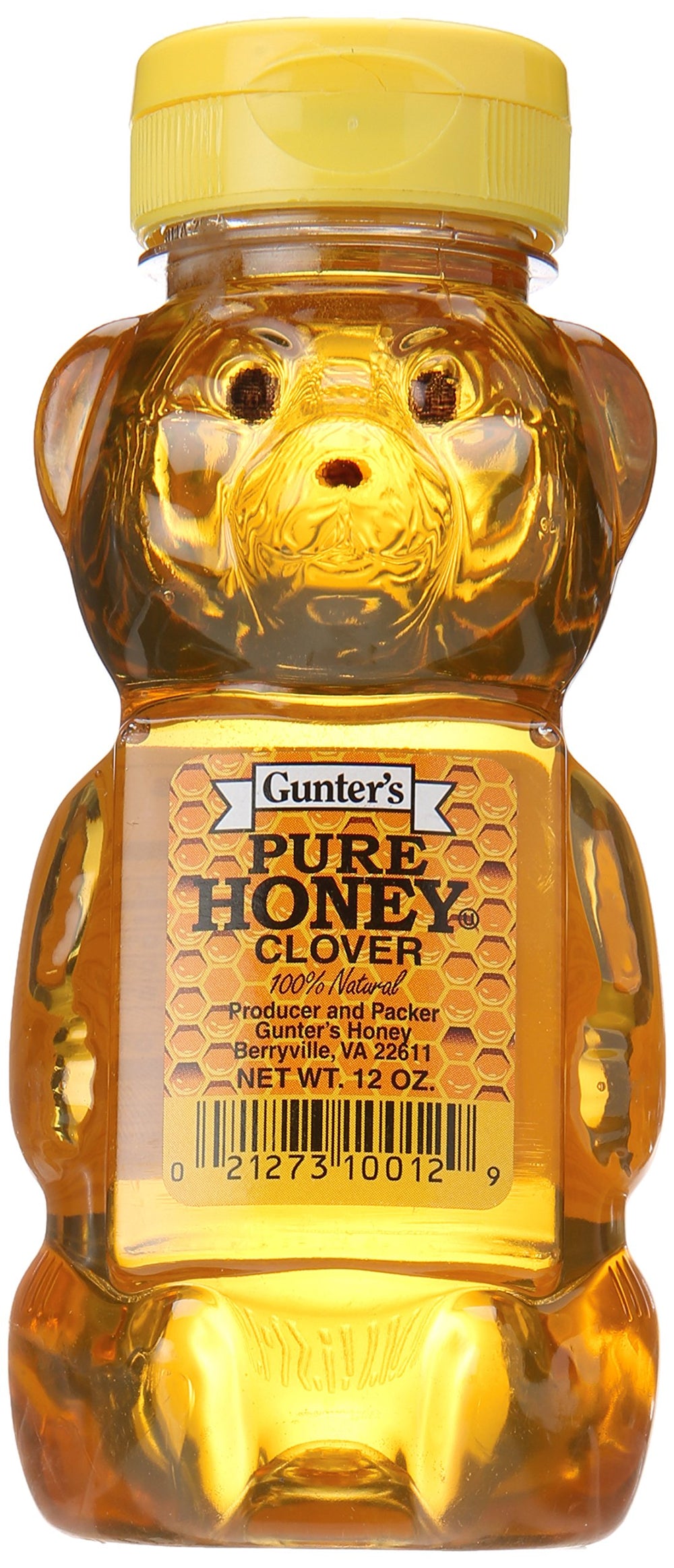 Gunter's Honey Bear 12 oz jar—closeup of label showing natural clover sweetness for tea