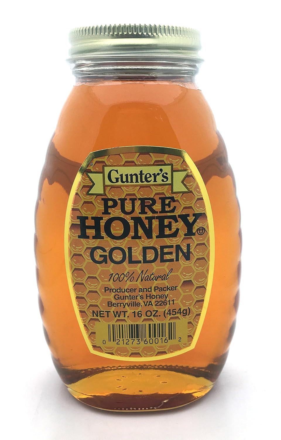 Gunter's Honey Golden jar with amber-gold honey, perfect for toast and tea.