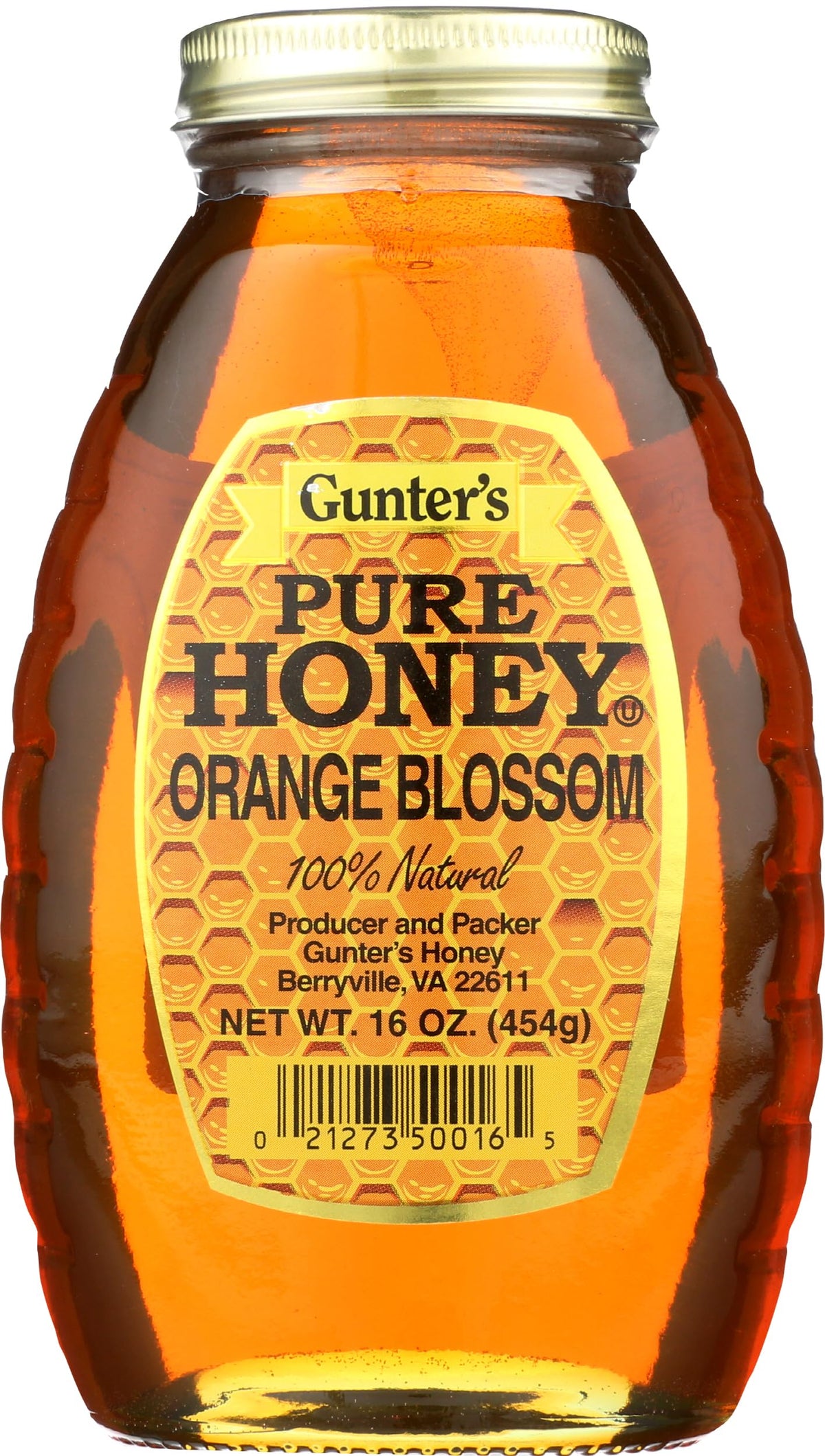 Gunter's Orange Blossom honey jar front view with thick amber texture for toast