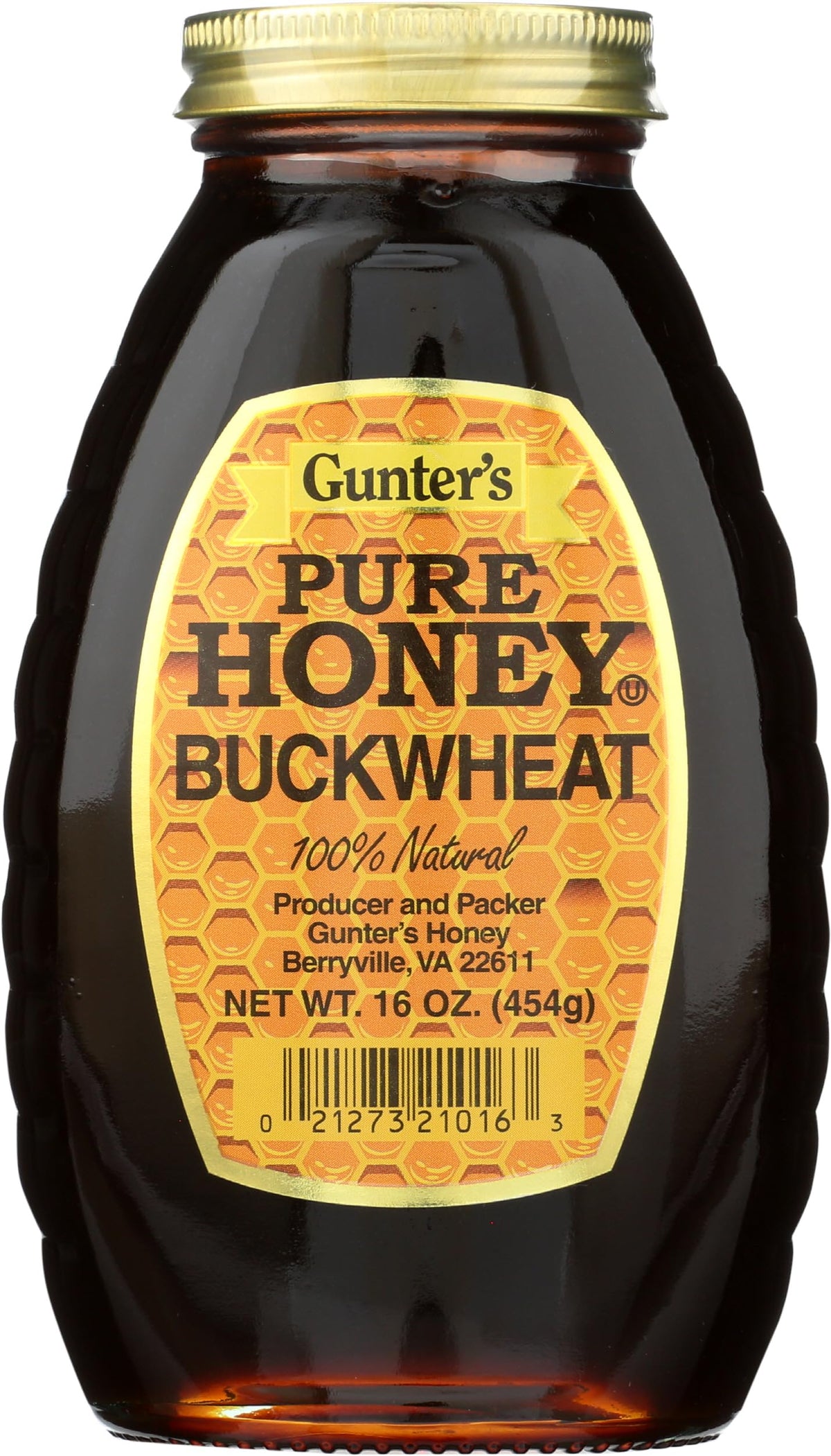 Gunter's Buckwheat Honey jar front view shows rich color and 16oz packaging.