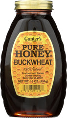 Gunter's Buckwheat Honey jar front view shows rich color and 16oz packaging.