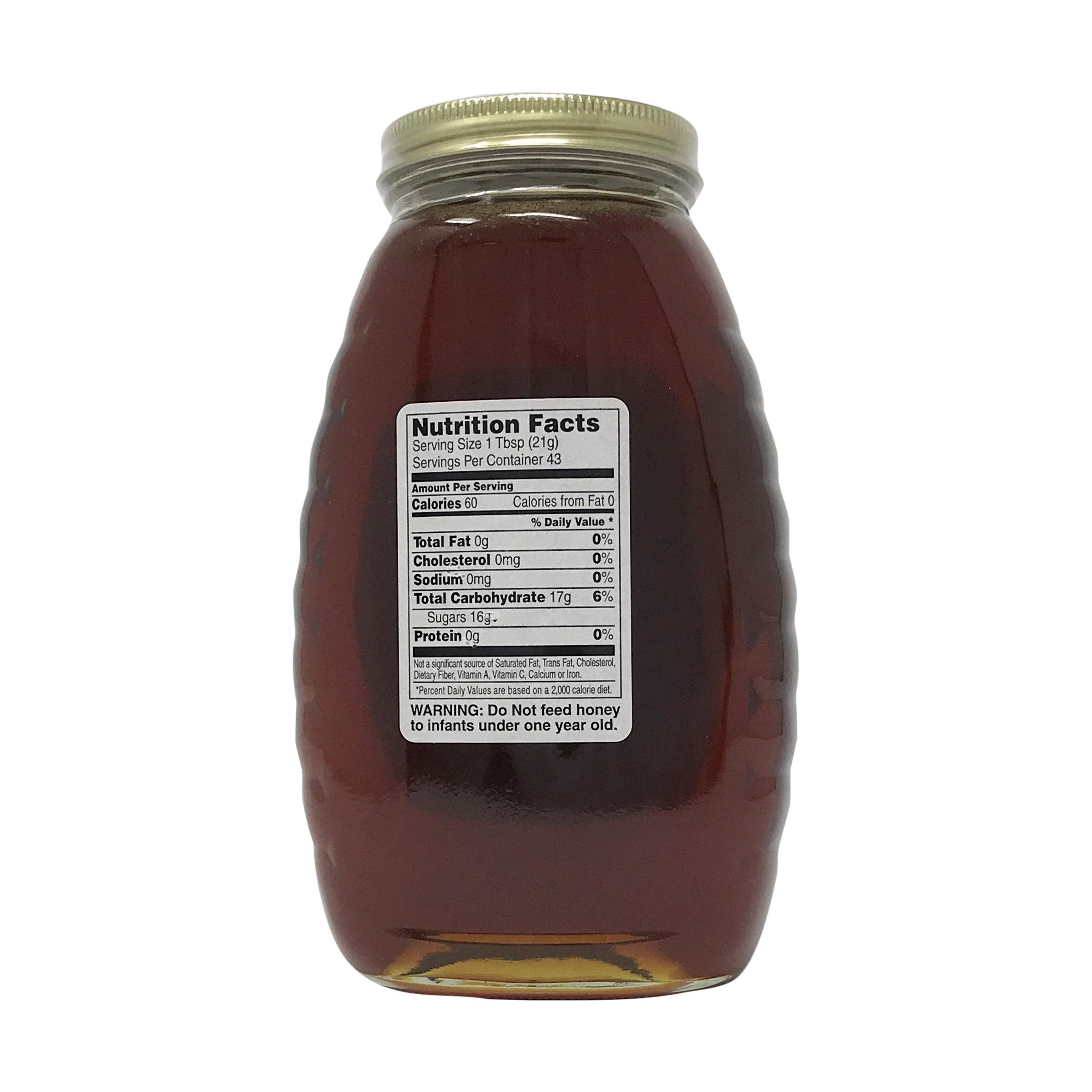 Gunter's Wildflower honey closeup showing dark color and molasses finish.