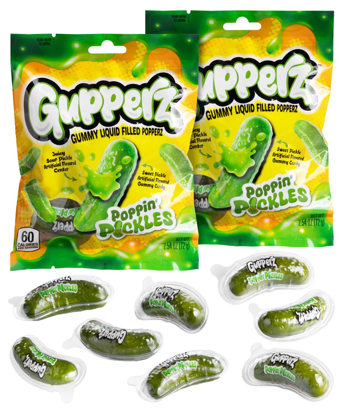 Gupperz Poppin' Pickle liquid-filled gummy with a tangy center for playful snacking.