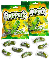 Gupperz Poppin' Pickle liquid-filled gummy with a tangy center for playful snacking.