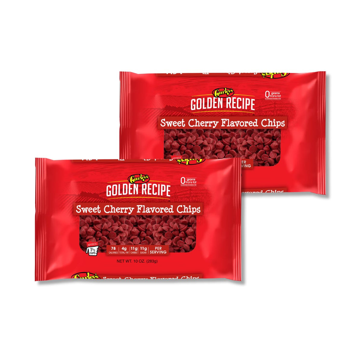 Gurley’s cherry baking chips bag front view, vibrant color for baked goods.