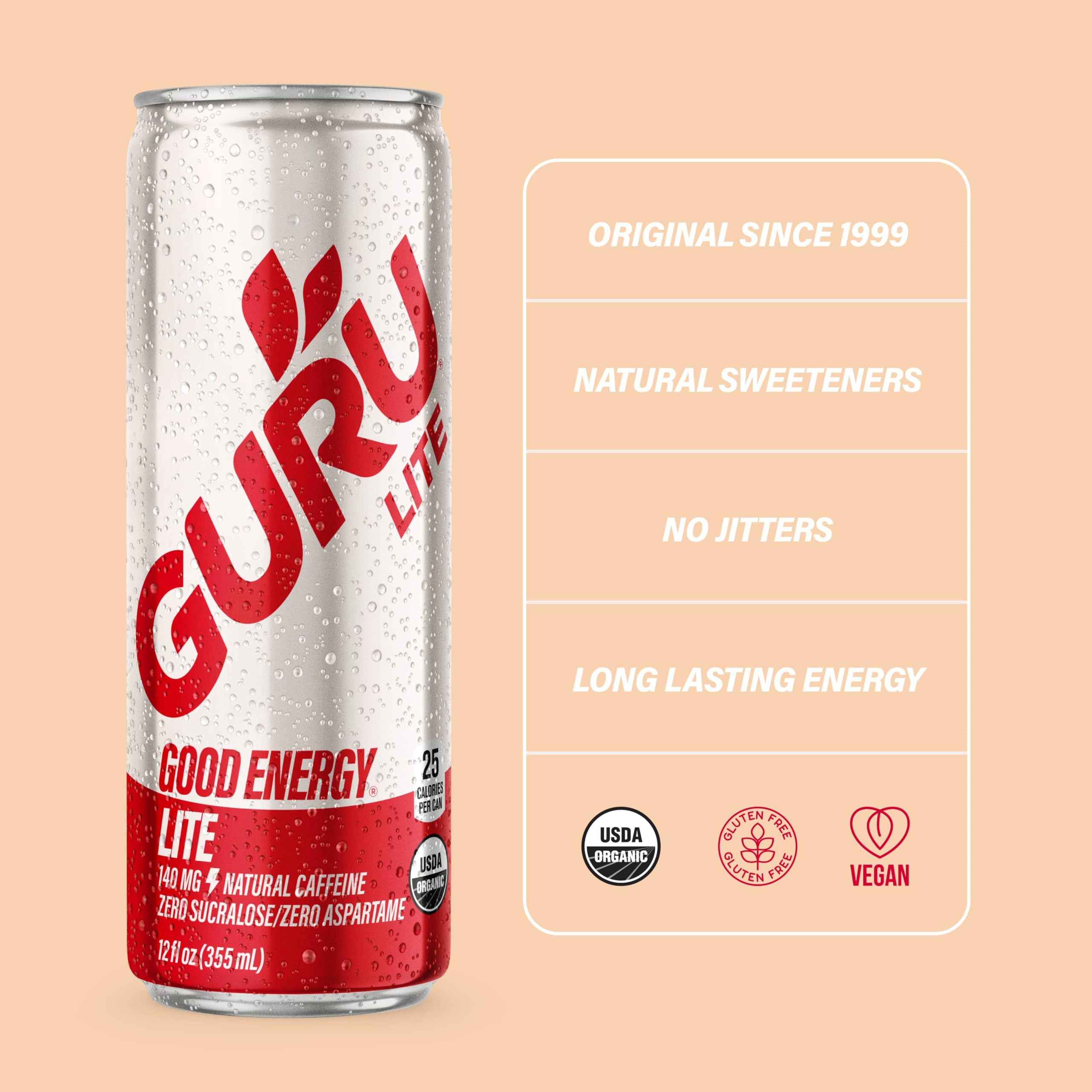 Guru Energy Bev Lite Organic being poured into a glass with ice, ready to enjoy